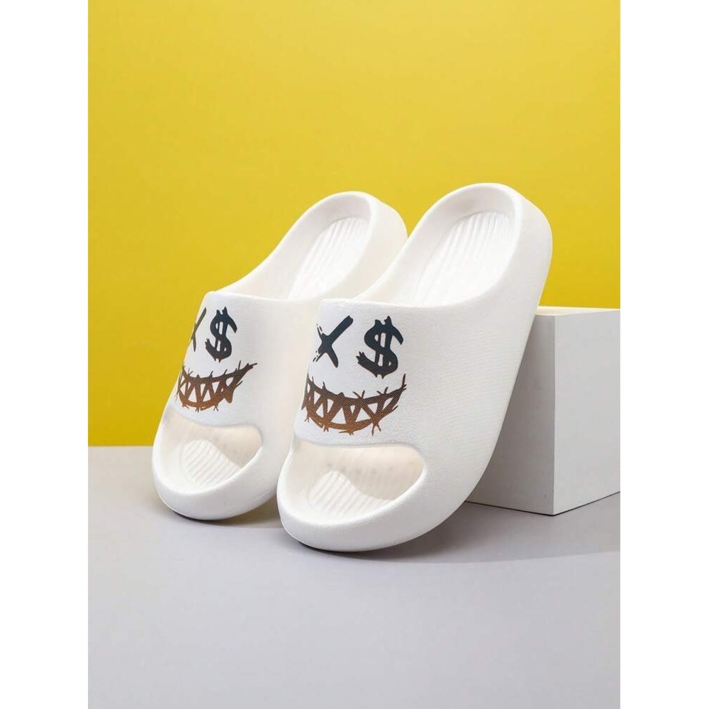 SHEIN Kids White EVA Slide Sandals Graphic Smile Dollar Sign Size 1